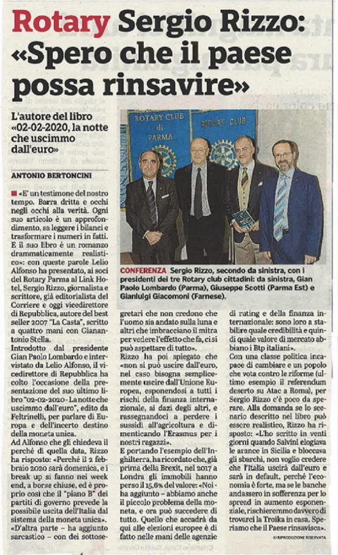 Inter-club con Rotary Parma Est e Rotary Farnese – Incontro con Sergio RIZZO Vicedirettore di “la Repubblica”- Mercoledì 14 Novembre 2018