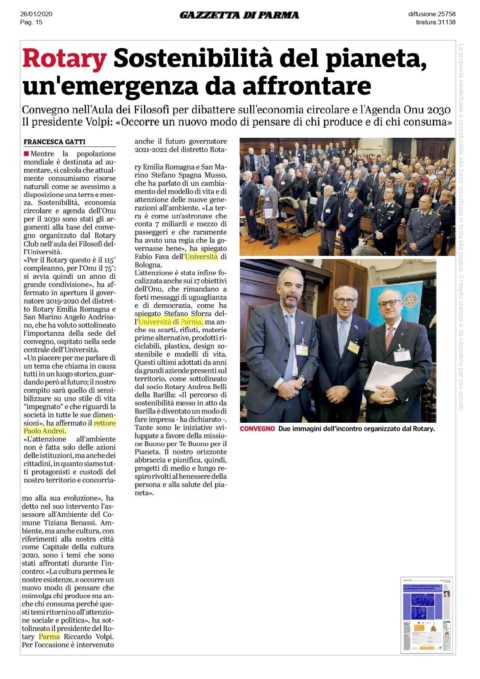 Convegno del Distretto 2072 sulla Economia Circolare – Gazzetta di Parma del 26 Gennaio 2020