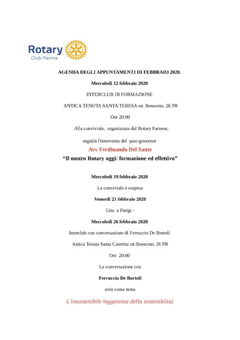 Rotary Club di Parma – Appuntamenti del mese di Febbraio 2020