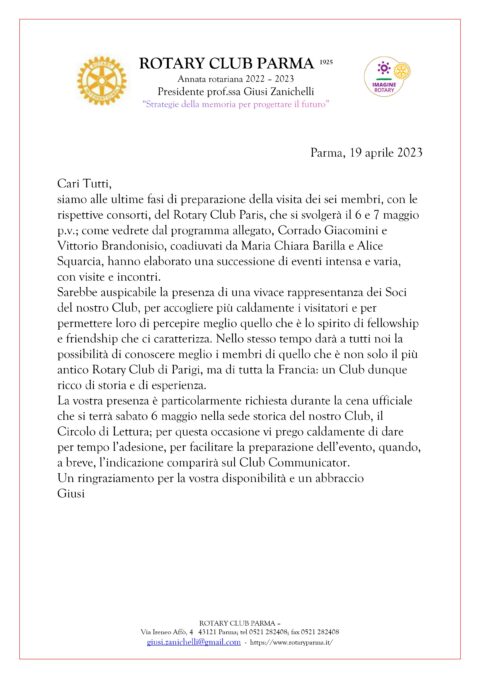 Visita del Rotary Club Parigi – Lettera del Presidente Giusi ZANICHELLI